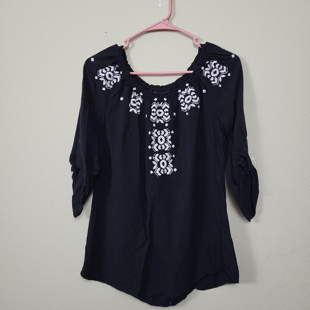 Hayley Matthews Womens Black Round Neck Embroidered‎ Tunic Blouse Size Small